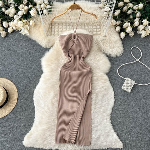 Halter Crochet Bodycon Dress Cut Out Sexy Split Dresses Off Shoulder Backless.