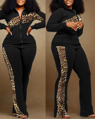 Winter Fashion Print Two Piece Set Women Casual Sports Style Zipper Top.