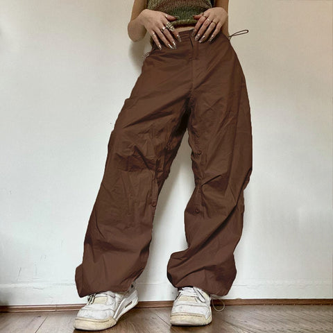 Women Solid Joggers Tech Pants Autumn Low Waist Punk Hip Hop Baggy Trousers Streetwear Casual Drawstring Wide Leg Cargo Pants.