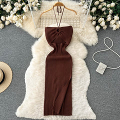 Halter Crochet Bodycon Dress Cut Out Sexy Split Dresses Off Shoulder Backless.