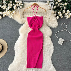 Halter Crochet Bodycon Dress Cut Out Sexy Split Dresses Off Shoulder Backless.