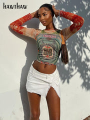 Women Long Sleeve Graphic Mesh See Through Streetwear T Shirts Tops.