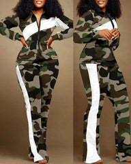 Winter Fashion Print Two Piece Set Women Casual Sports Style Zipper Top.
