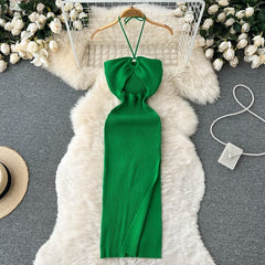 Halter Crochet Bodycon Dress Cut Out Sexy Split Dresses Off Shoulder Backless.