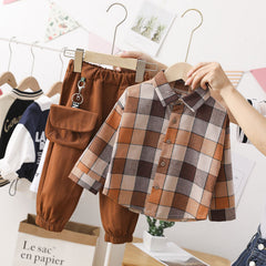Children Clothing Sets Plaid Shirt + Pants for Baby Boys.