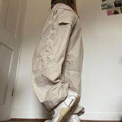 Women Solid Joggers Tech Pants Autumn Low Waist Punk Hip Hop Baggy Trousers Streetwear Casual Drawstring Wide Leg Cargo Pants.