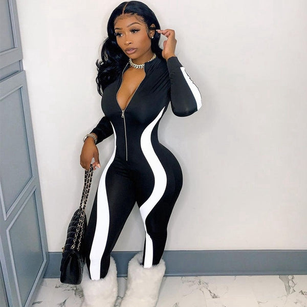 Sportswear Bodycon Jumpsuit Women Clothes Fall Zipper Long Sleeve Sexy Jumpsuit Clubwear Skinny Rompers Womens Jumpsuit Overalls