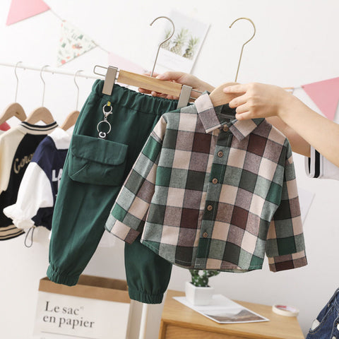 Children Clothing Sets Plaid Shirt + Pants for Baby Boys.