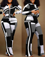 Winter Fashion Print Two Piece Set Women Casual Sports Style Zipper Top.