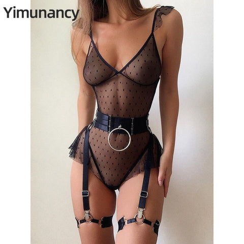 Yimunancy One Piece Lace Sexy Backless Bodysuit Ladies Dot Mesh Sheer Sexy Bodysuit Bandage Body Femme.