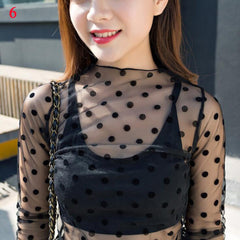 T Shirt Lace Flower under Shirt Long sleeve transparent Tshirt Sexy Black Lace See through.