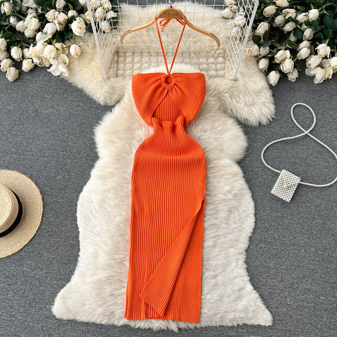 Halter Crochet Bodycon Dress Cut Out Sexy Split Dresses Off Shoulder Backless.
