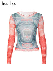 Women Long Sleeve Graphic Mesh See Through Streetwear T Shirts Tops.