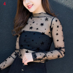 T Shirt Lace Flower under Shirt Long sleeve transparent Tshirt Sexy Black Lace See through.