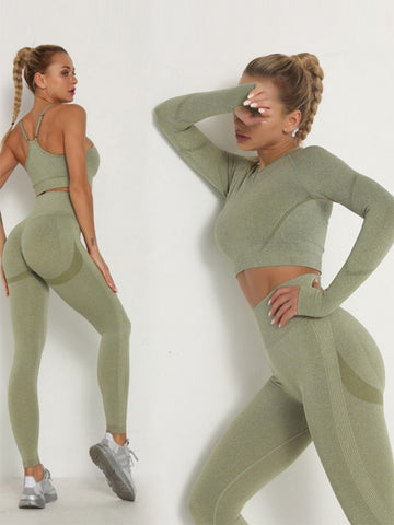 Women's Sets Skinny Tracksuit Breathable Bra Long Sleeve Top Seamless Outfits High Waist Push Up Leggings Gym Clothes Sport Suit.
