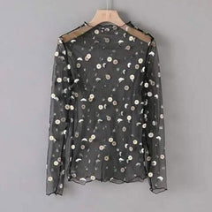 T Shirt Lace Flower under Shirt Long sleeve transparent Tshirt Sexy Black Lace See through