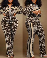 Winter Fashion Print Two Piece Set Women Casual Sports Style Zipper Top.