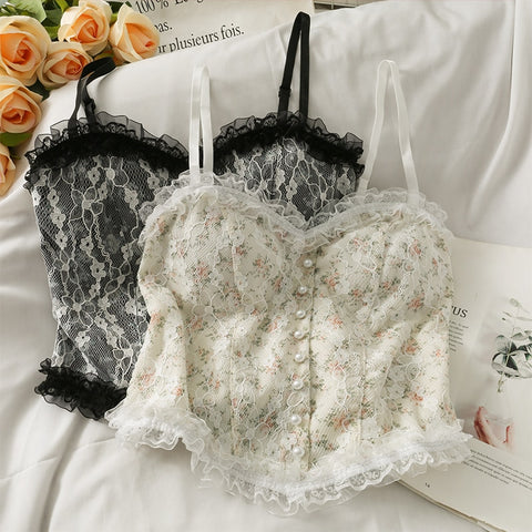 Summer French Print Lace Cami Crop Tank.