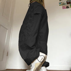 Women Solid Joggers Tech Pants Autumn Low Waist Punk Hip Hop Baggy Trousers Streetwear Casual Drawstring Wide Leg Cargo Pants.