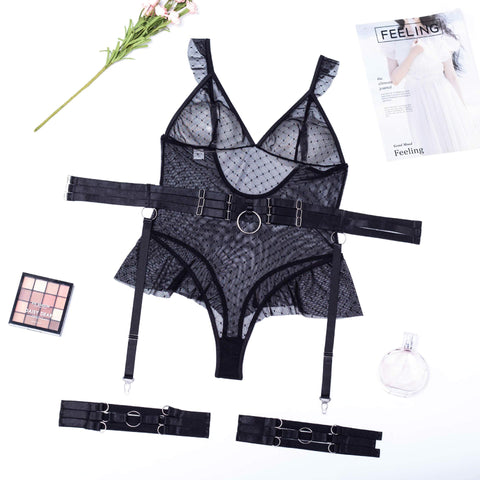 Yimunancy One Piece Lace Sexy Backless Bodysuit Ladies Dot Mesh Sheer Sexy Bodysuit Bandage Body Femme.