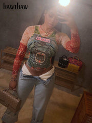 Women Long Sleeve Graphic Mesh See Through Streetwear T Shirts Tops.