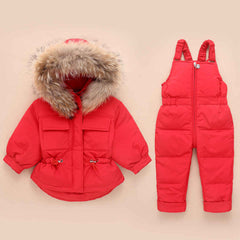Russia Winter Fur Hooded Jacket Unisex Kids Clothing Sets.
