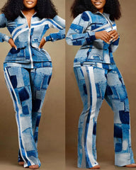 Winter Fashion Print Two Piece Set Women Casual Sports Style Zipper Top.