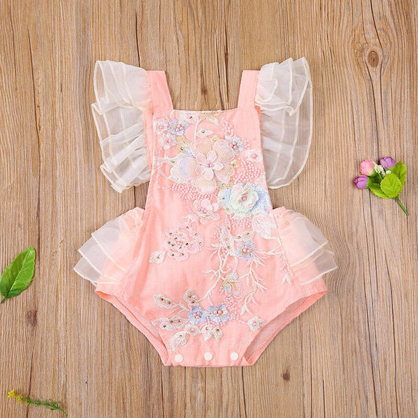 Toddler Baby's Clothes Girls Kids Romper Cute Ruffle Sleeve Floral Embroidered Backless Bodysuit Children's Clothing Summer