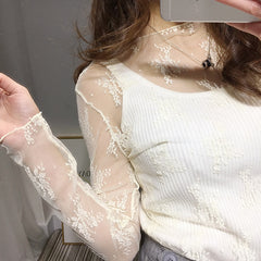 T Shirt Lace Flower under Shirt Long sleeve transparent Tshirt Sexy Black Lace See through.
