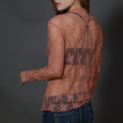 T Shirt Lace Flower under Shirt Long sleeve transparent Tshirt Sexy Black Lace See through.