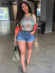Women Long Sleeve Graphic Mesh See Through Streetwear T Shirts Tops.