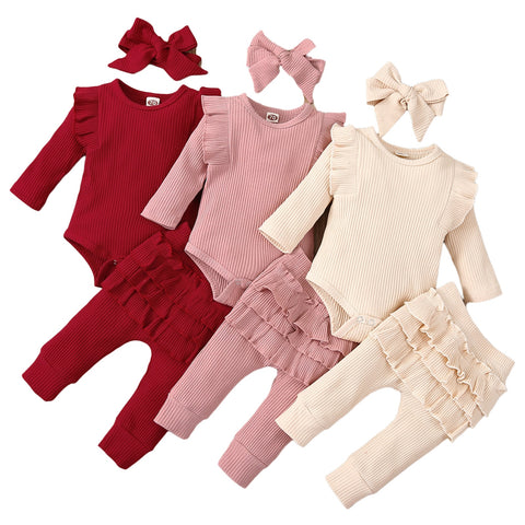 Baby Girl Outfit  Lace Ruffles Cotton Bodysuit +Pants+Headband Clothing.