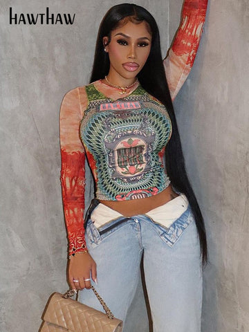 Women Long Sleeve Graphic Mesh See Through Streetwear T Shirts Tops.