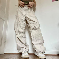 Women Solid Joggers Tech Pants Autumn Low Waist Punk Hip Hop Baggy Trousers Streetwear Casual Drawstring Wide Leg Cargo Pants.