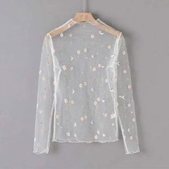 T Shirt Lace Flower under Shirt Long sleeve transparent Tshirt Sexy Black Lace See through.