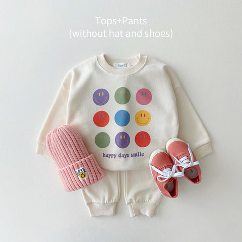 Smile Face Sweatshirt Tops+Jogger Pants Set Casual.