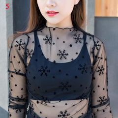 T Shirt Lace Flower under Shirt Long sleeve transparent Tshirt Sexy Black Lace See through.