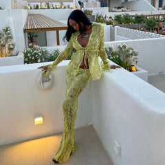 FSDA Print Mesh Long Sleeve Top Shirts Green And Maxi.
