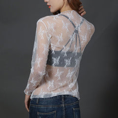T Shirt Lace Flower under Shirt Long sleeve transparent Tshirt Sexy Black Lace See through.