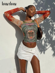 Women Long Sleeve Graphic Mesh See Through Streetwear T Shirts Tops.